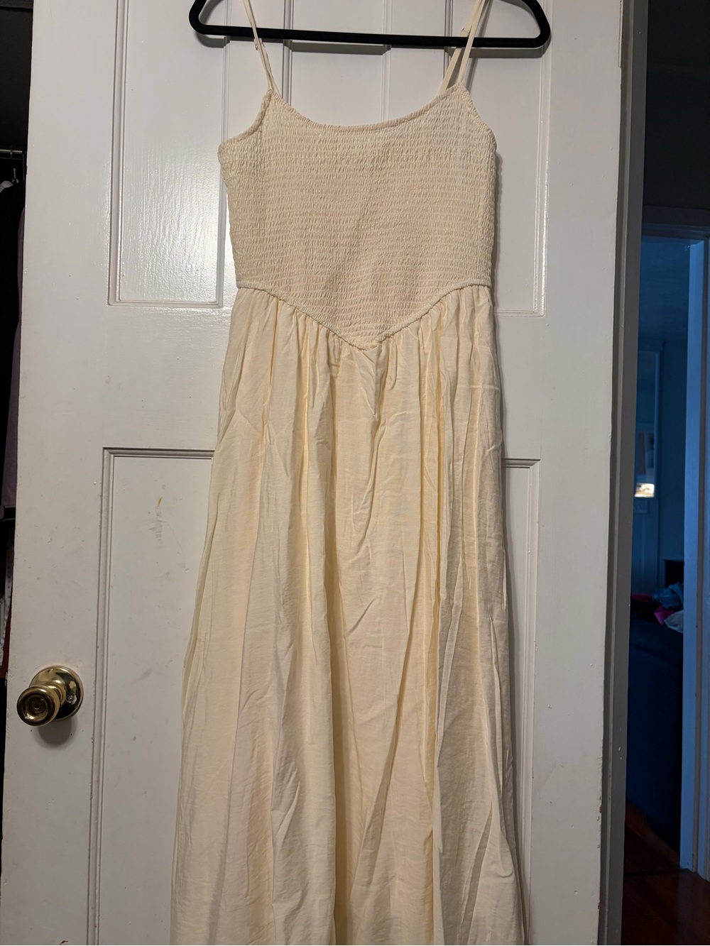 Blu Pepper Cream Smocked Bodice Midi Dress with Spaghetti Straps